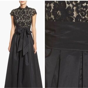 Eliza J Black Lace Cap-Sleeve Bow Waist Ball Gown